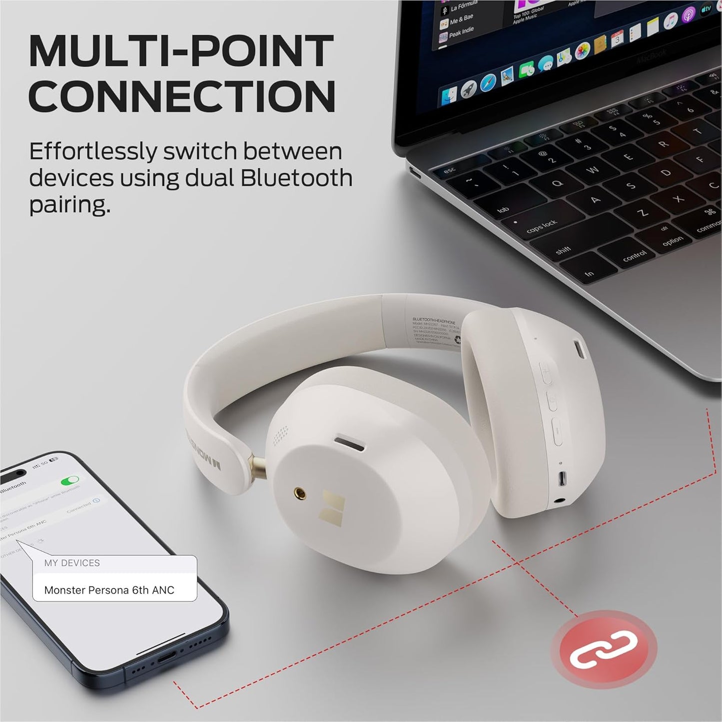 Bluetooth prostoročni Monster Persona 6th, MultiPoint, A2DP, ANC, Bela