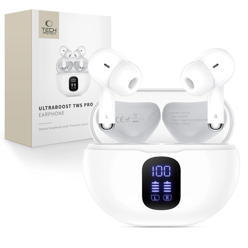 Brezžične slušalke Bluetooth Tech-Protect Ultraboost Pro G2, TWS, bele