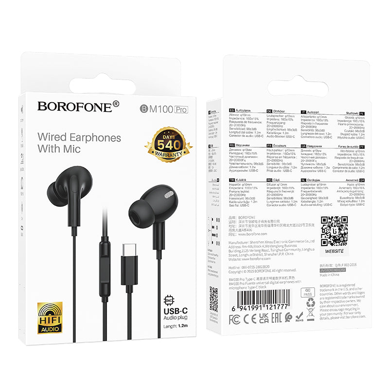 Handsfree USB-C Borofone BM100 Pro Fuente, Črna