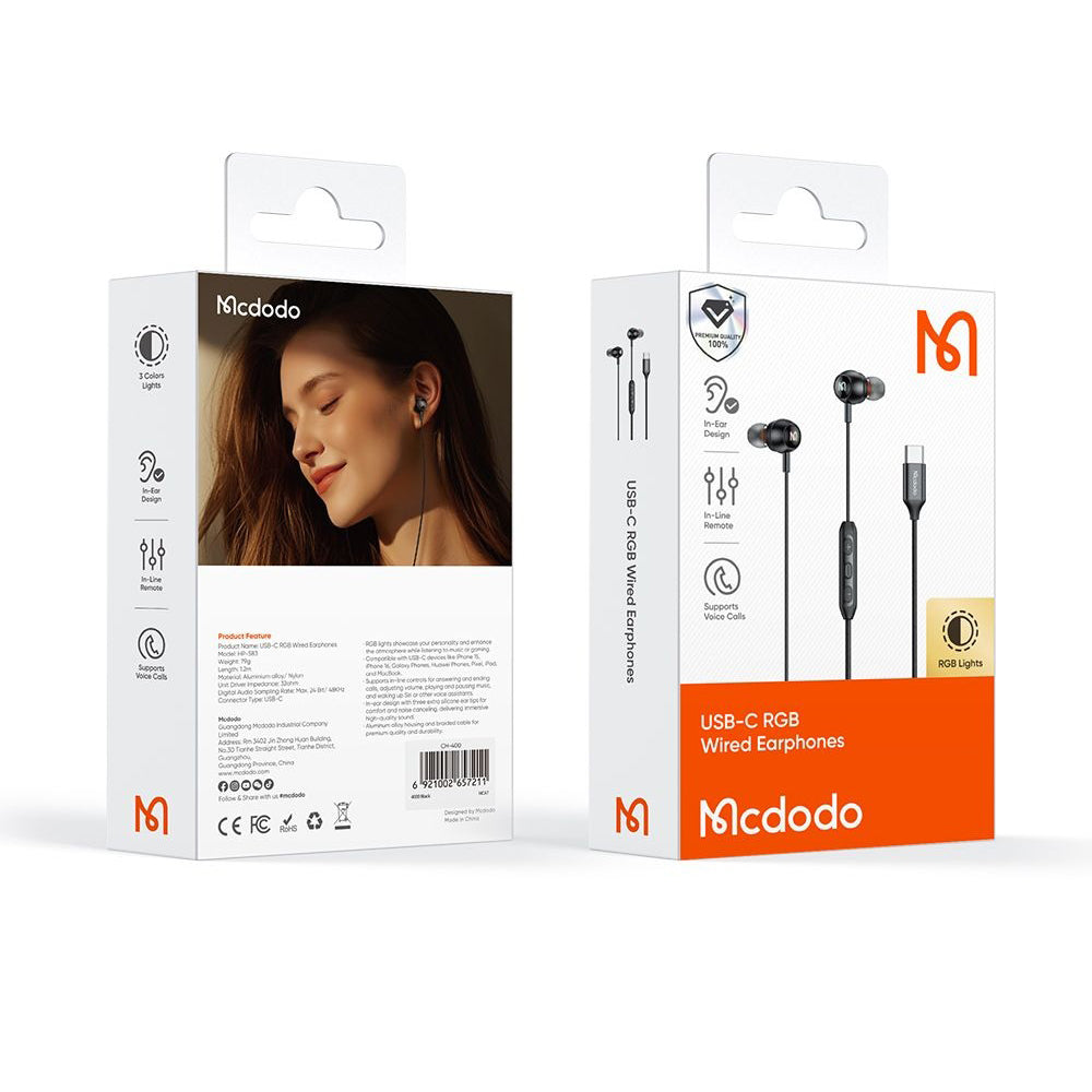 Handsfree USB-C McDodo HP-5830, 1.2m, Črna