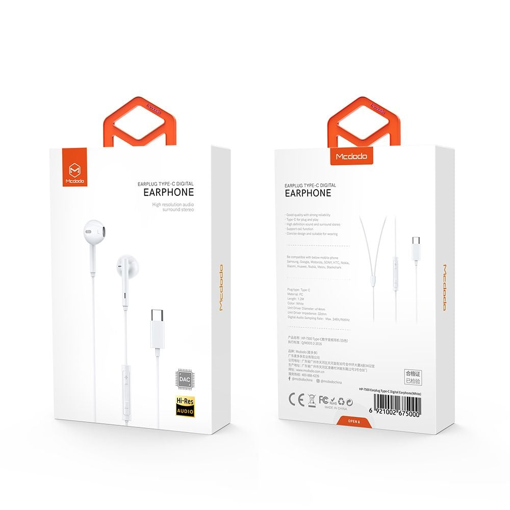 Handsfree USB-C McDodo HP-7500, 1.2m, Bel