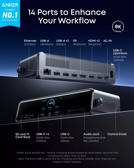 Večnamenski hub Anker Prime, 3 x USB-A - 4 x USB-C - 1 x Display Port - 2 x HDMI - 1 x Jack 3,5 mm - 1 x RJ45 - 1 x SD - 1 x microSD, Siva A83B33A1