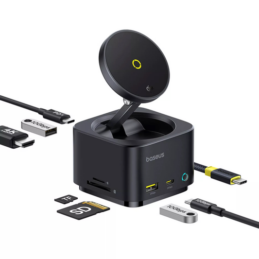 Večnamenski hub Baseus MagPro II 7v1, 1 x USB-A - 2 x USB-C - 1 x HDMI - 1 x QI - 1 x SD - 1 x microSD, Črn Ponovno zapakiran B00072900121-00