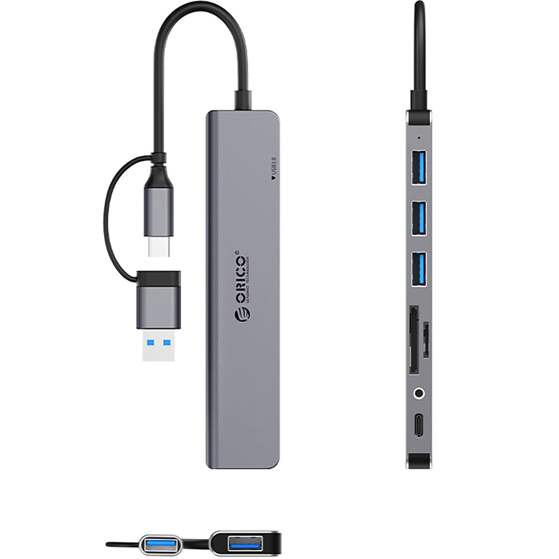 USB / USB-C Hub Orico YSA8-U3, 1 x USB-A 3.0 - 3 x USB-A - 1 x USB-C - 1 x 3.5mm Jack - 1 x SD - 1 x microSD, Black