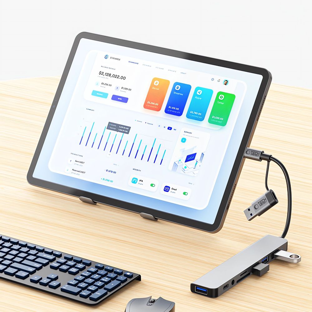USB / USB-C Hub Tech-Protect HB06, 2 x USB-A 3.0 - 2 x USB-A - 1 x USB-C - 1 x 3.5mm Jack - 1 x SD - 1 x microSD, Gray