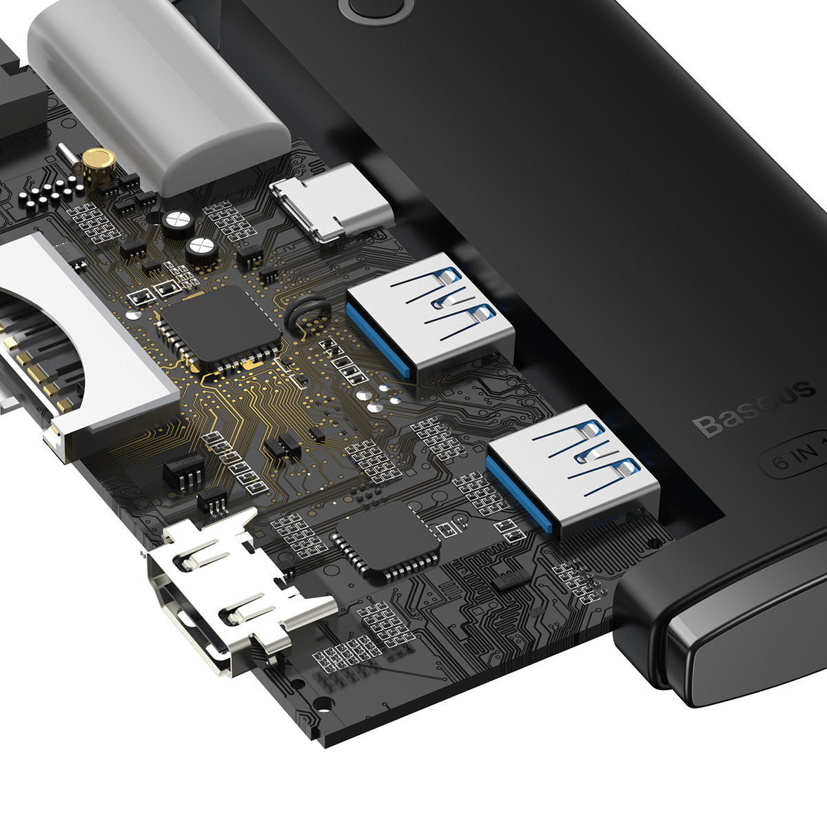 Hub USB-C Baseus, 2 x USB-A 3.0 - 1 x USB-C - 1 x HDMI - 1 x SD - 1 x microSD, Črn WKQX050001