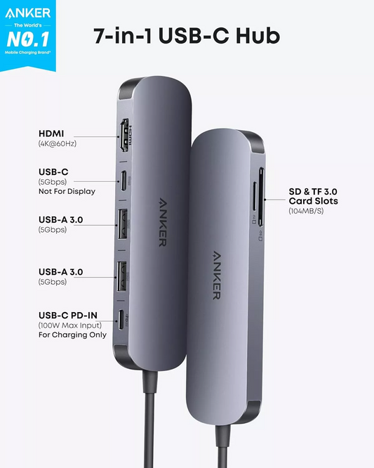 Hub USB-C Anker, 2 x USB-A 3.0 - 2 x USB-C - 1 x HDMI - 1 x SD - 1 x microSD, Siv A83D2HA1