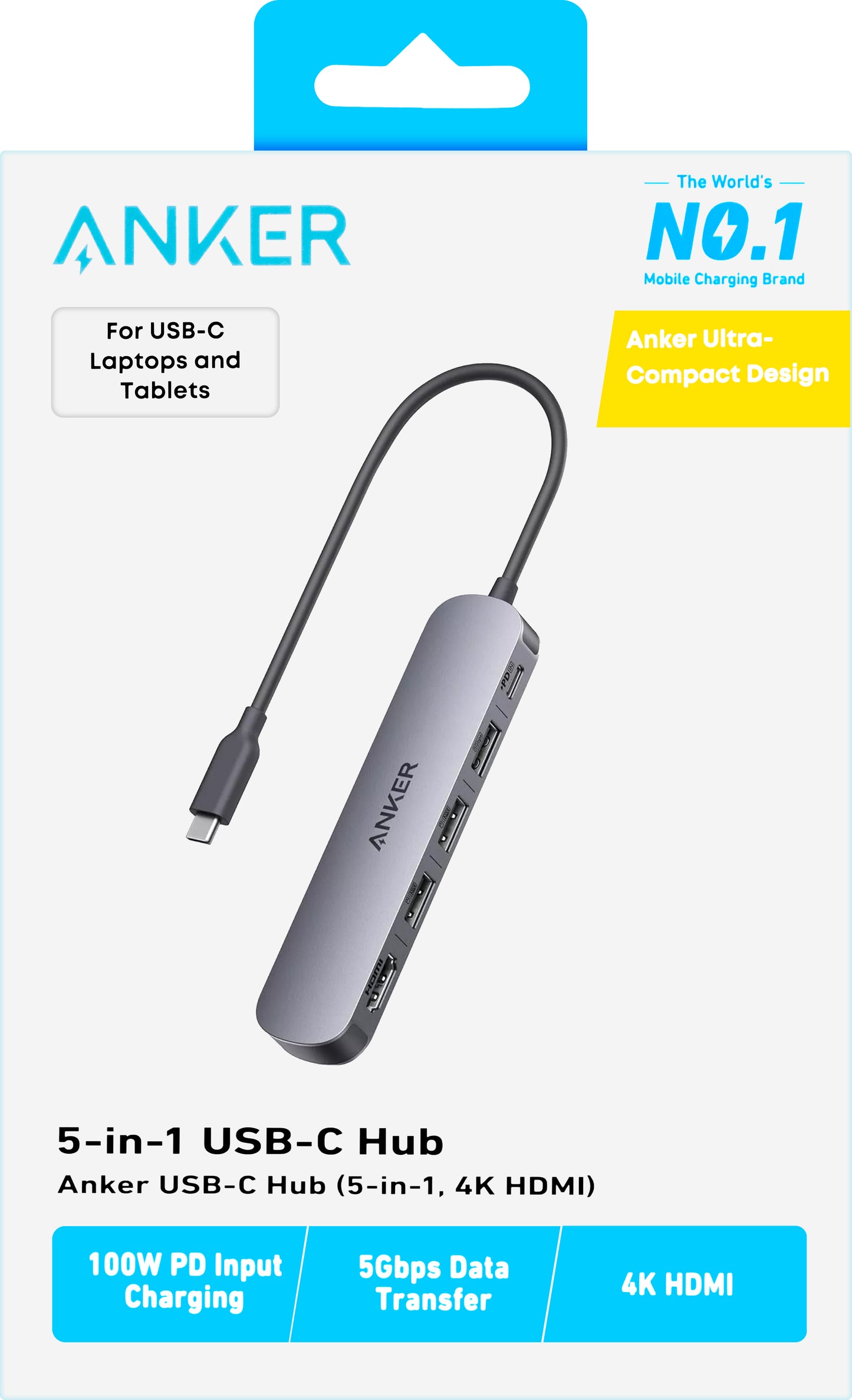 Anker USB-C Hub, 2 x USB-A - 1 x USB-A 3.0 - 1 x USB-C - 1 x HDMI, Gray A8357HA0