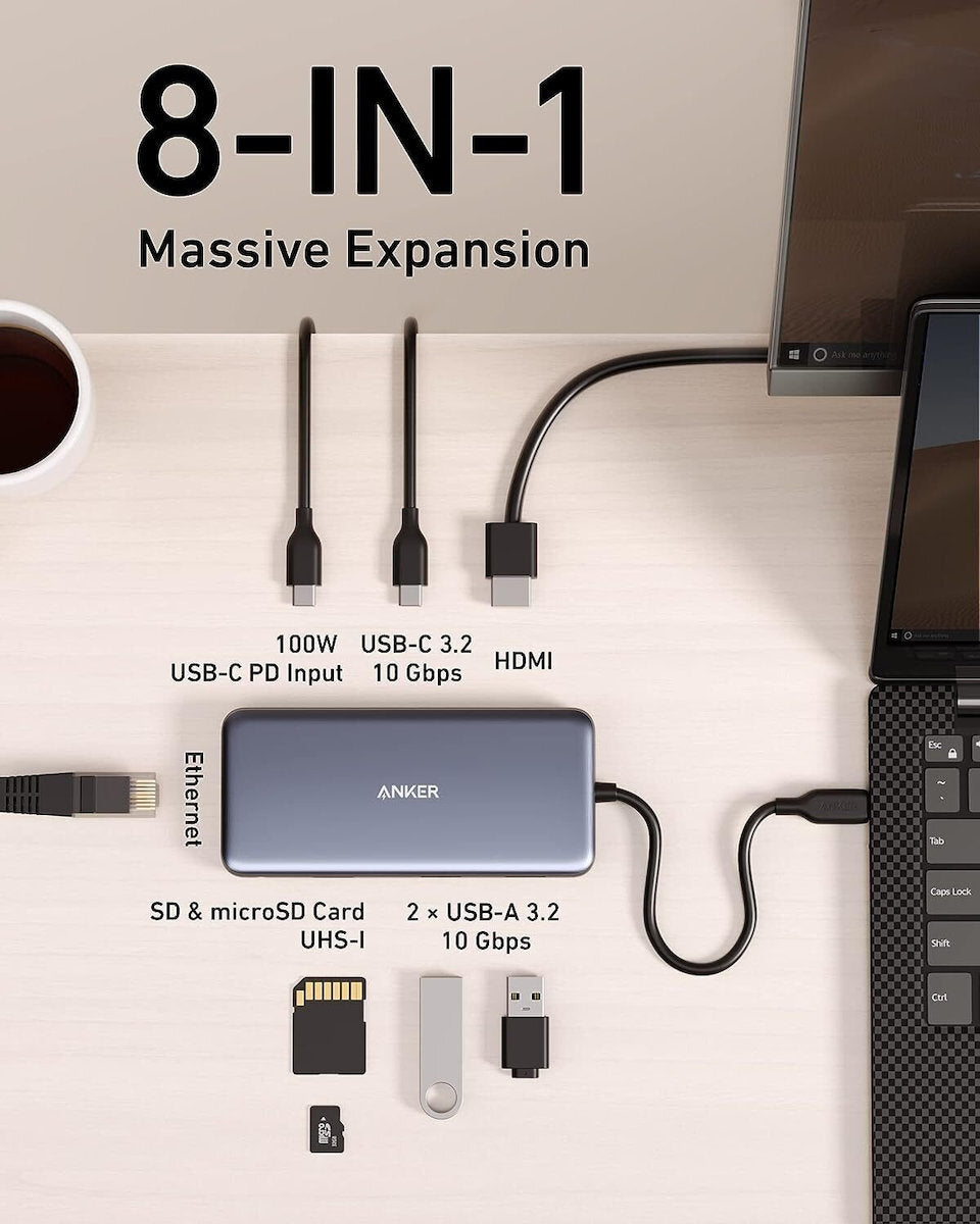 Hub USB-C Anker 555, 2 x USB-A 3.2 - 2 x USB-C - 1 x HDMI - 1 x RJ45 - 1 x SD - 1 x microSD, Siv A83830A2