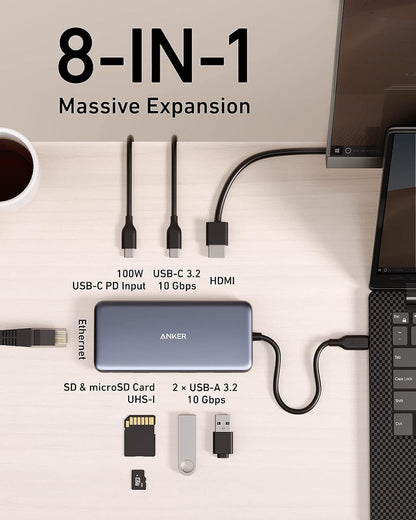 Hub USB-C Anker 555, 2 x USB-A 3.2 - 2 x USB-C - 1 x HDMI - 1 x RJ45 - 1 x SD - 1 x microSD, Siv A83830A2