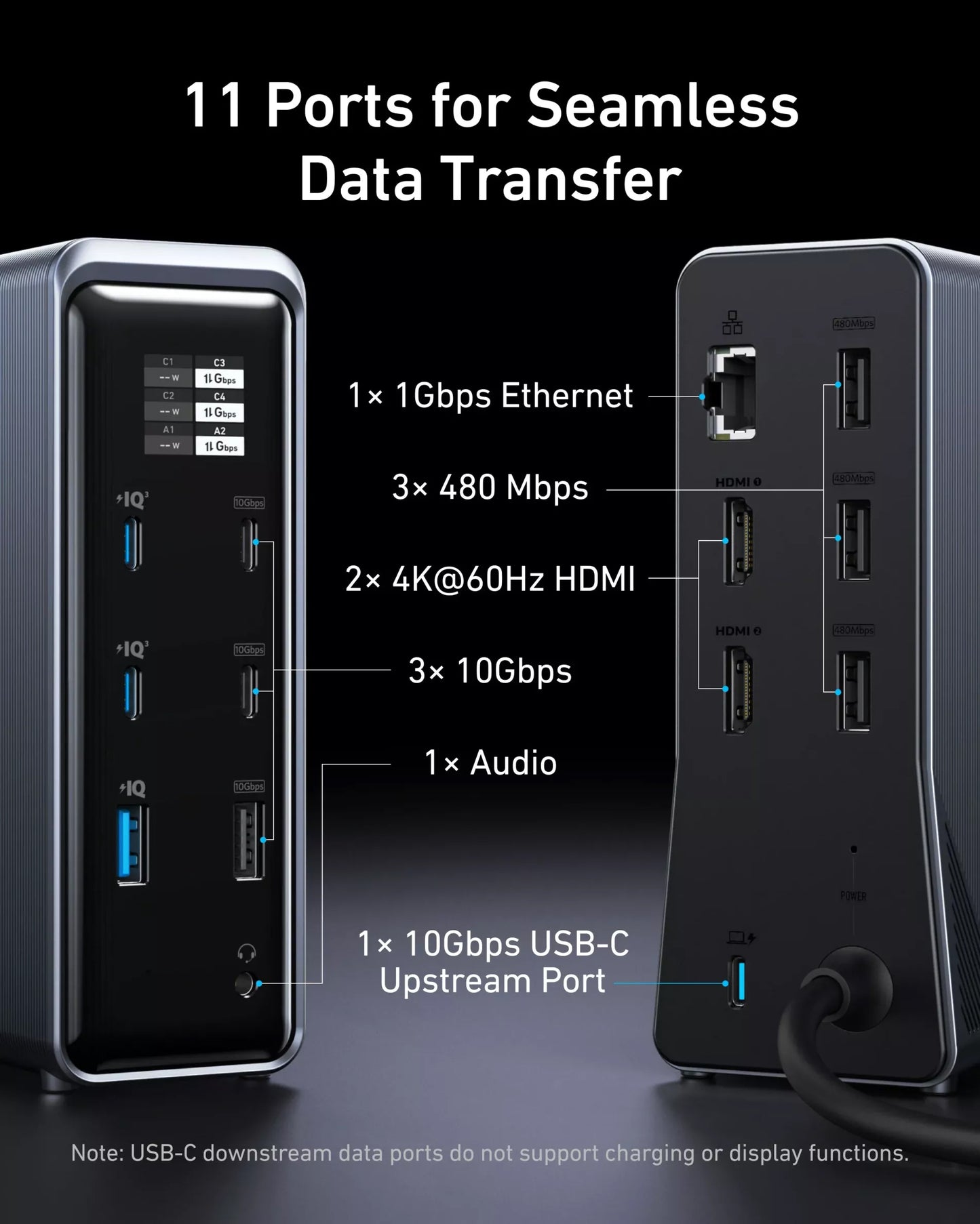 Večnamenski hub Anker Prime 737, 2 x USB-A 3.0 - 3 x USB-A - 5 x USB-C - 2 x HDMI - 1 x Jack 3.5mm - 1 x RJ45, Črn A83B63A1