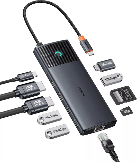 Hub USB-C Baseus Dual Display, 1 x USB-A 3.0 - 2 x USB-A - 2 x USB-C - 2 x HDMI - 1 x RJ45 - 1 x SD - 1 x microSD, Črn B00061800123-01