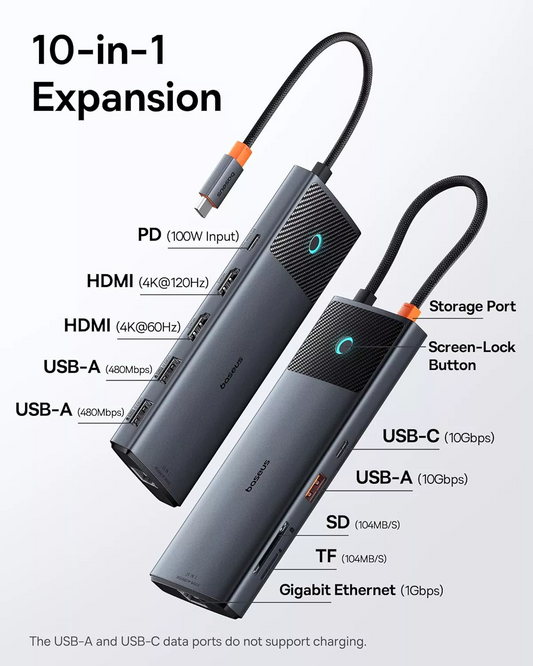 Hub USB-C Baseus Dual Display, 1 x USB-A 3.0 - 2 x USB-A - 2 x USB-C - 2 x HDMI - 1 x RJ45 - 1 x SD - 1 x microSD, Črn B00061800123-01