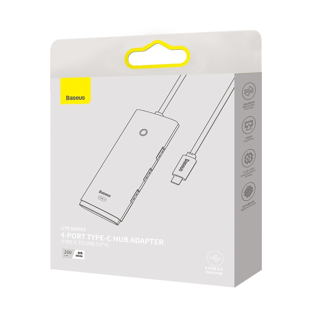 USB-C Hub Baseus Lite, 4 x USB-A 3.2, 2m, Bel