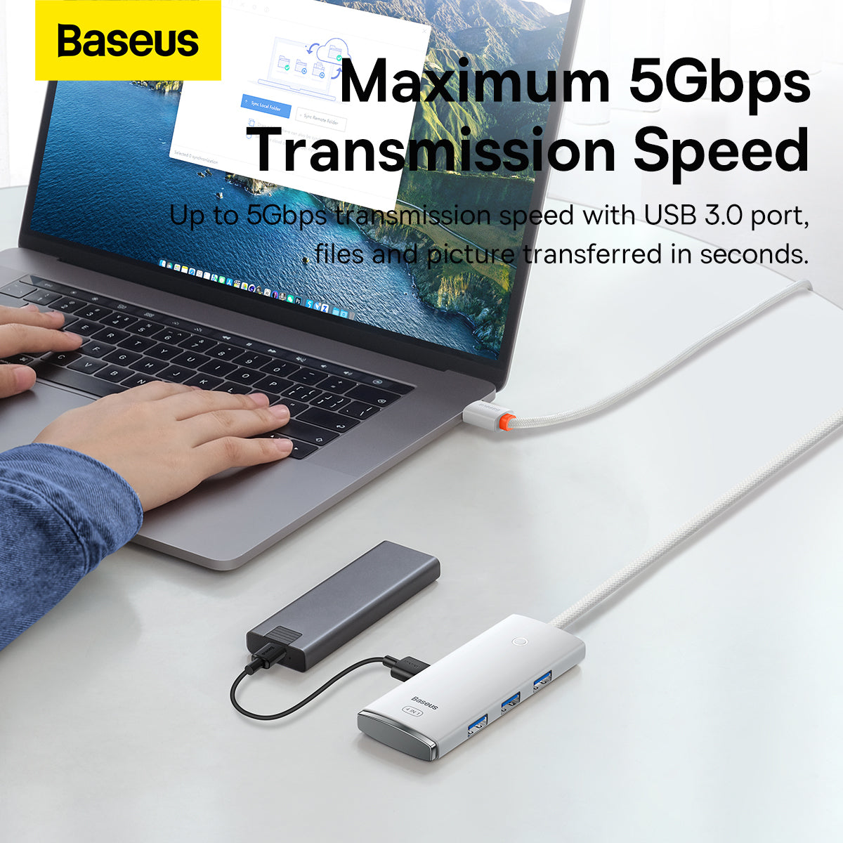 USB-C Hub Baseus Lite, 4 x USB-A 3.2, 2m, Bel