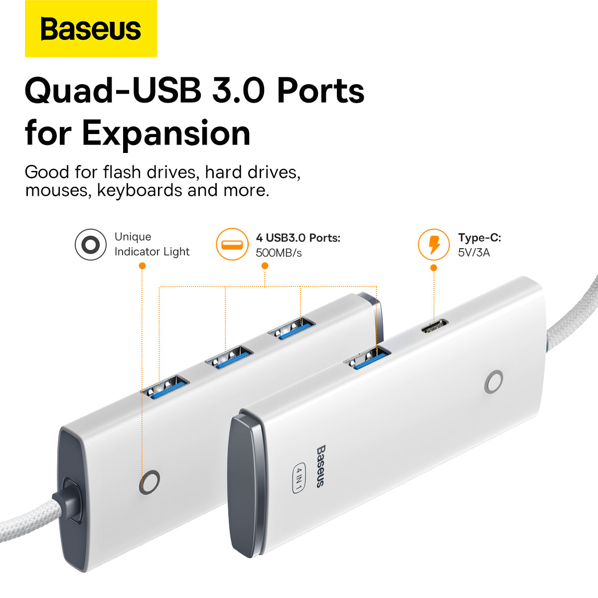 USB-C Hub Baseus Lite, 4 x USB-A 3.2, 2m, Bel