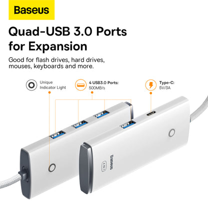 USB-C Hub Baseus Lite, 4 x USB-A 3.2, 2m, Bel