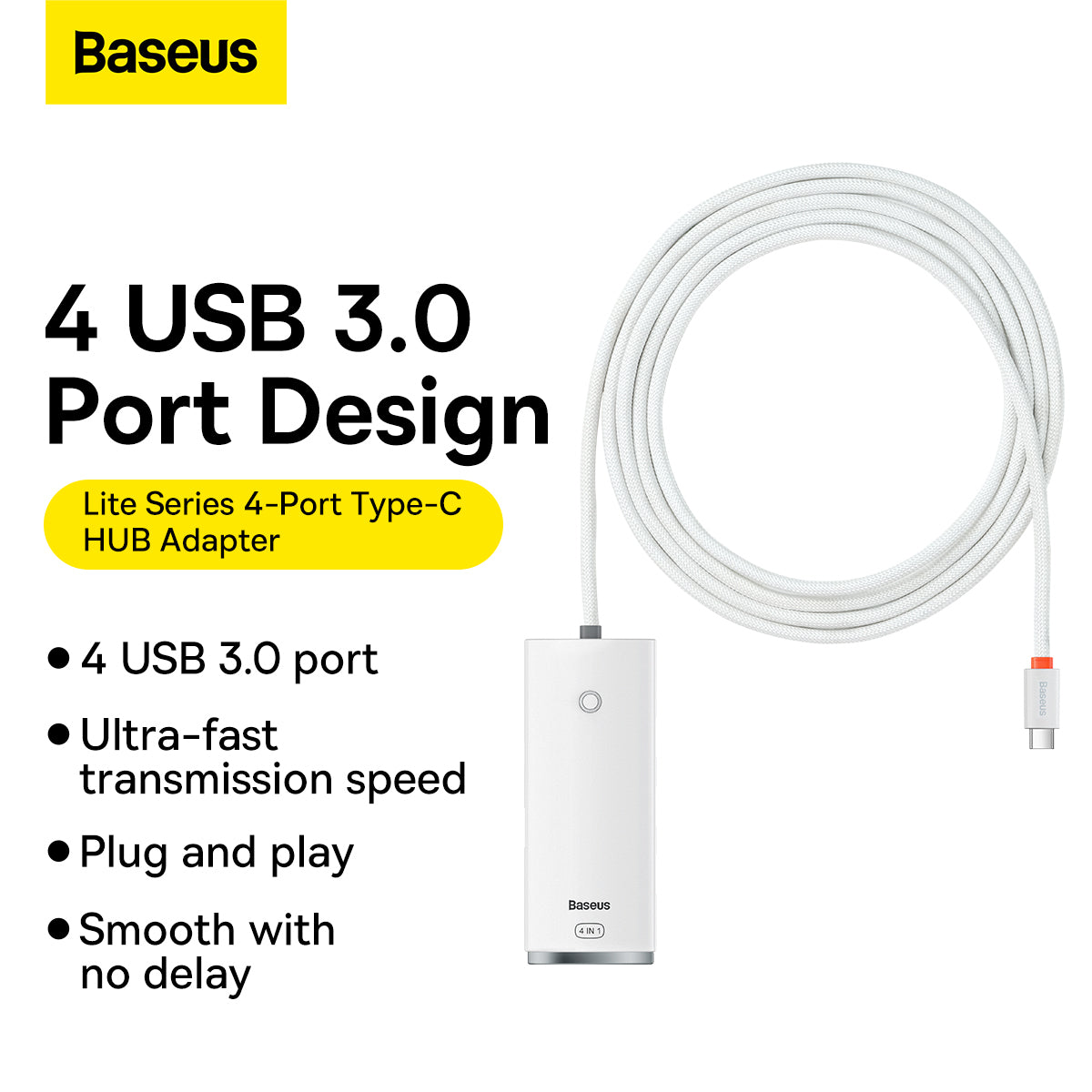 USB-C Hub Baseus Lite, 4 x USB-A 3.2, 2m, Bel