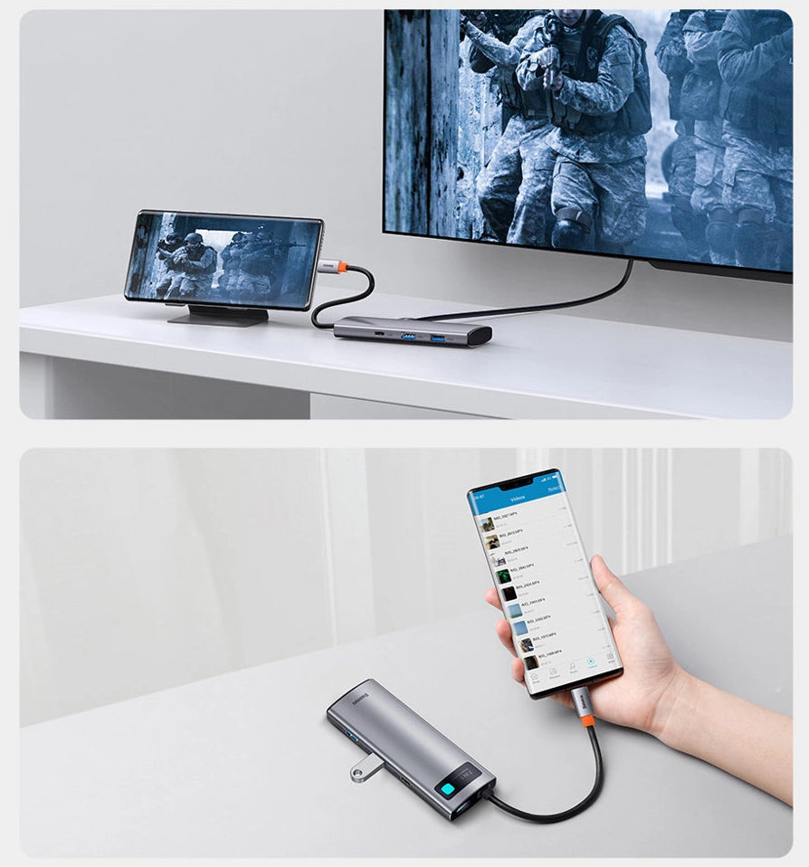 Hub USB-C Baseus Metal Gleam, 2 x USB-A 3.0 - 2 x USB-C - 1 x HDMI - 1 x SD - 1 x microSD, Gray WKWG020113