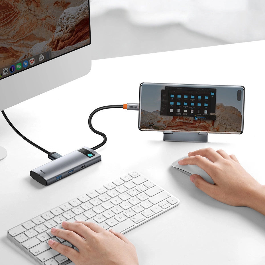 Hub USB-C Baseus Metal Gleam, 2 x USB-A 3.0 - 2 x USB-C - 1 x HDMI - 1 x SD - 1 x microSD, Gray WKWG020113