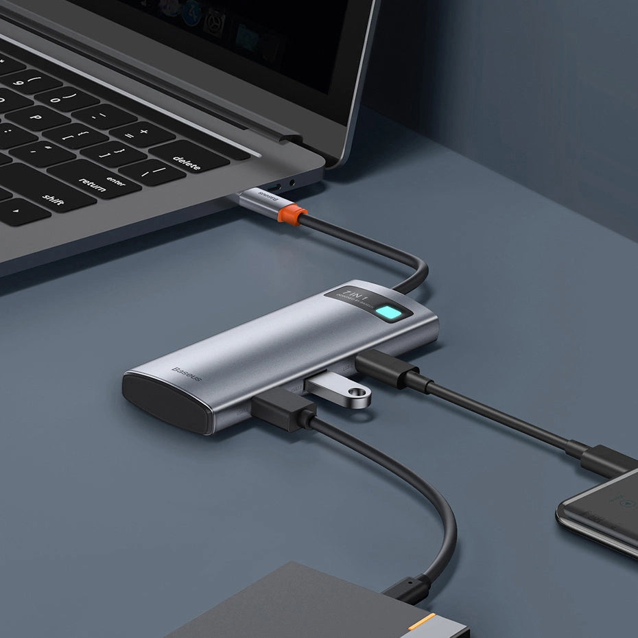 Hub USB-C Baseus Metal Gleam, 2 x USB-A 3.0 - 2 x USB-C - 1 x HDMI - 1 x SD - 1 x microSD, Gray WKWG020113