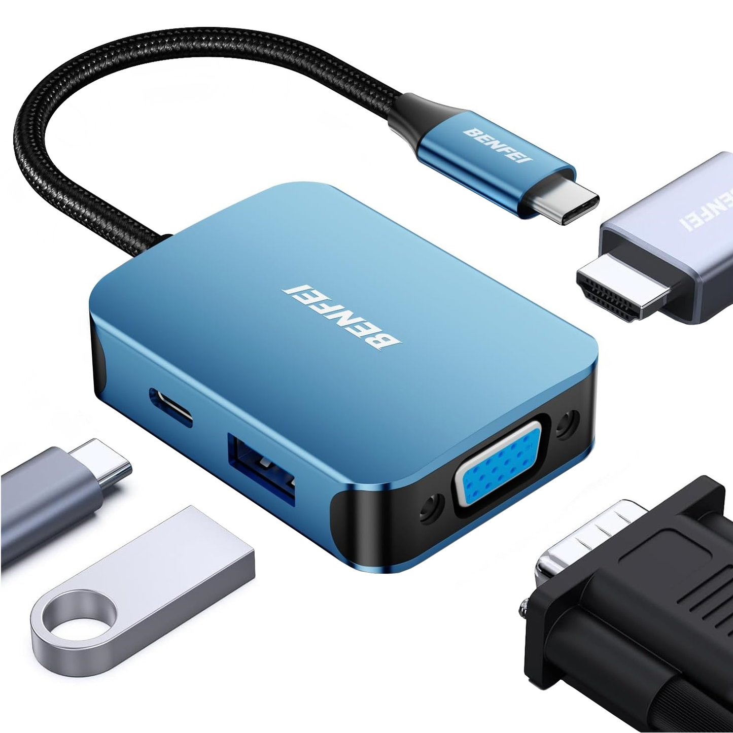 USB-C razdelilec Benfei, 1 x USB-A 3.0 - 1 x USB-C - 1 x HDMI - 1 x VGA, Modra