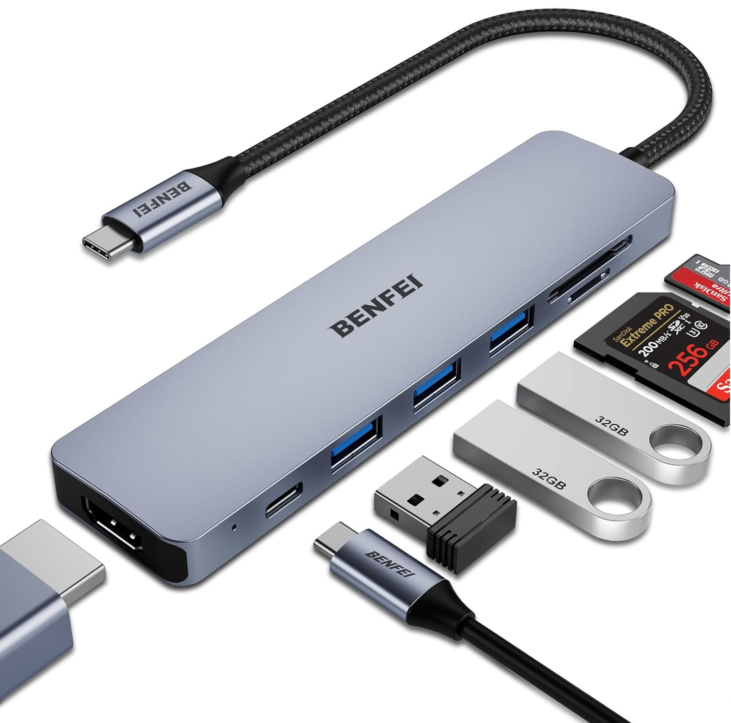 USB-C razširjevalnik Benfei, 3 x USB-A 3.0 - 1 x USB-C - 1 x HDMI - 1 x SD - 1 x microSD, Siva