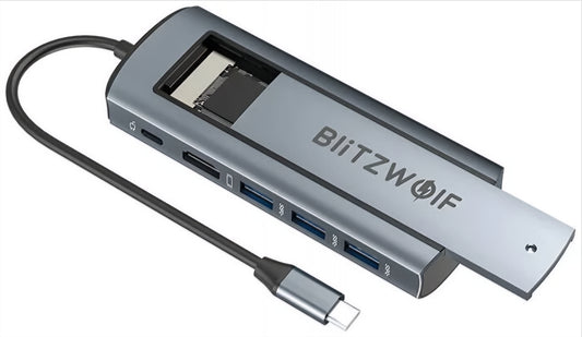 Hub USB-C BlitzWolf BW-Neo TH13, 3 x USB-A 3.0 - 1 x USB-C - 1 x Display Port - 1 x SSD vmesnik, Siv