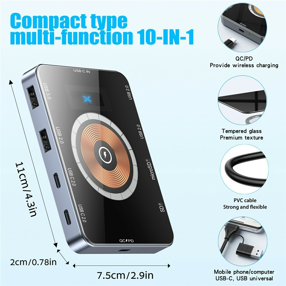 USB-C razdelilnik z brezžičnim polnjenjem QI OEM YC7209, 10v1, siva