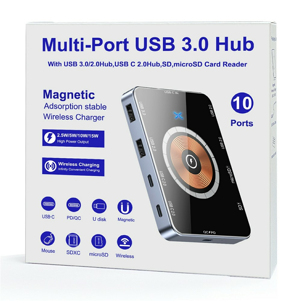 USB-C razdelilnik z brezžičnim polnjenjem QI OEM YC7209, 10v1, siva