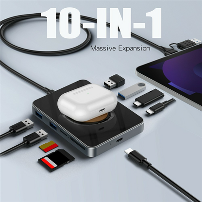 USB-C razdelilnik z brezžičnim polnjenjem QI OEM YC7209, 10v1, siva