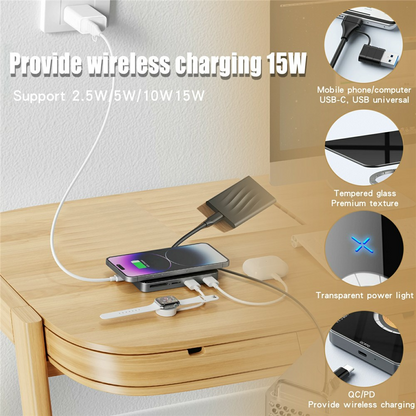 USB-C razdelilnik z brezžičnim polnjenjem QI OEM YC7209, 10v1, siva