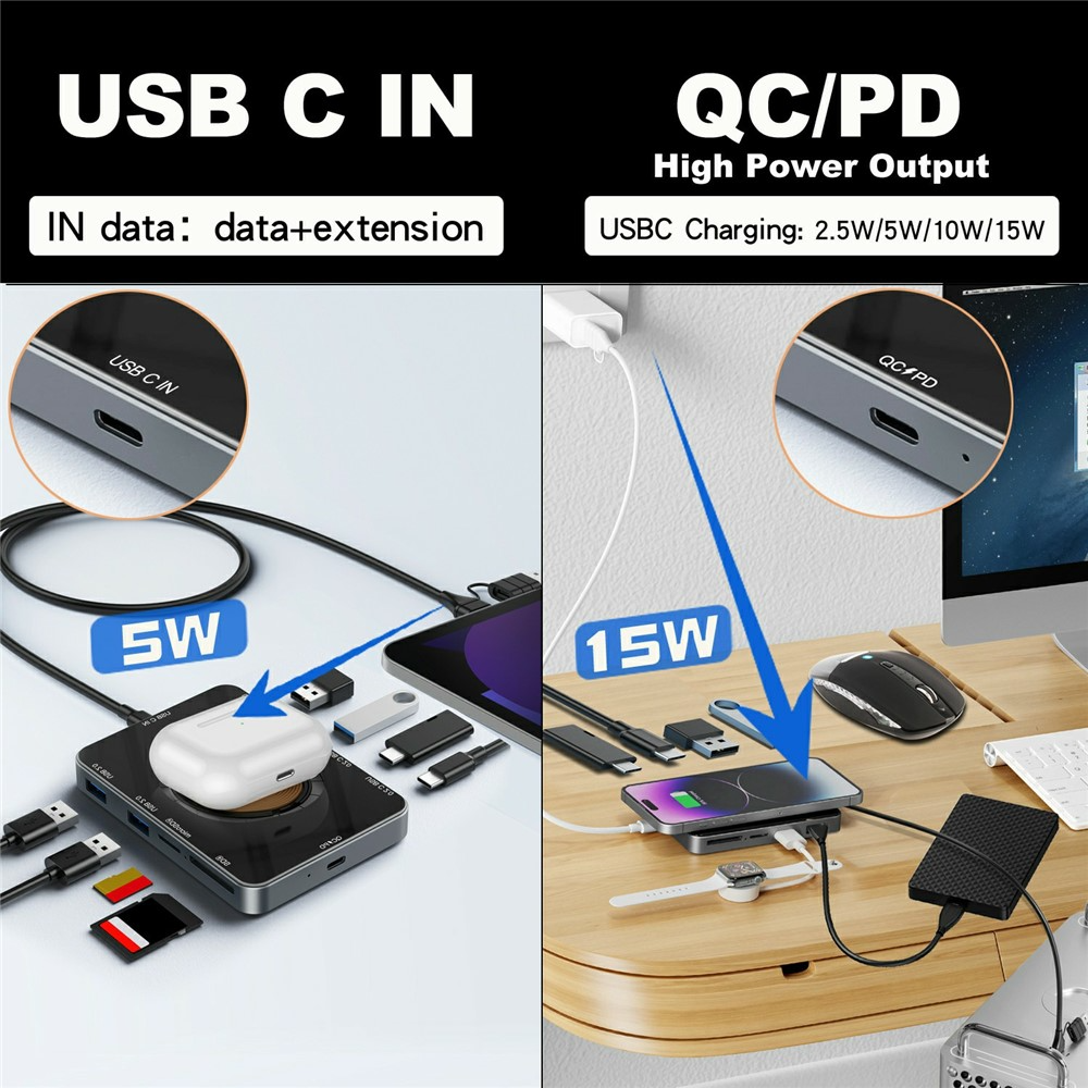USB-C razdelilnik z brezžičnim polnjenjem QI OEM YC7209, 10v1, siva