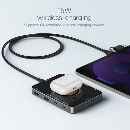 USB-C razdelilnik z brezžičnim polnjenjem QI OEM YC7209, 10v1, siva