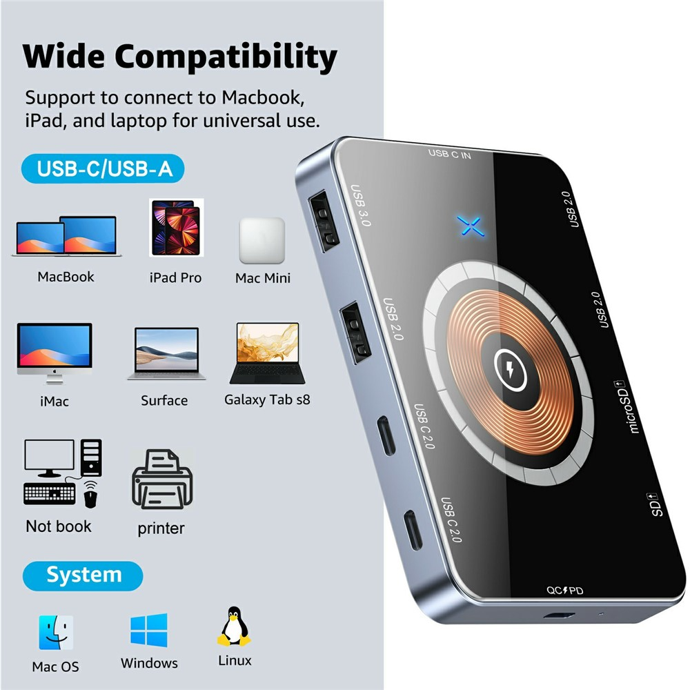 USB-C razdelilnik z brezžičnim polnjenjem QI OEM YC7209, 10v1, siva
