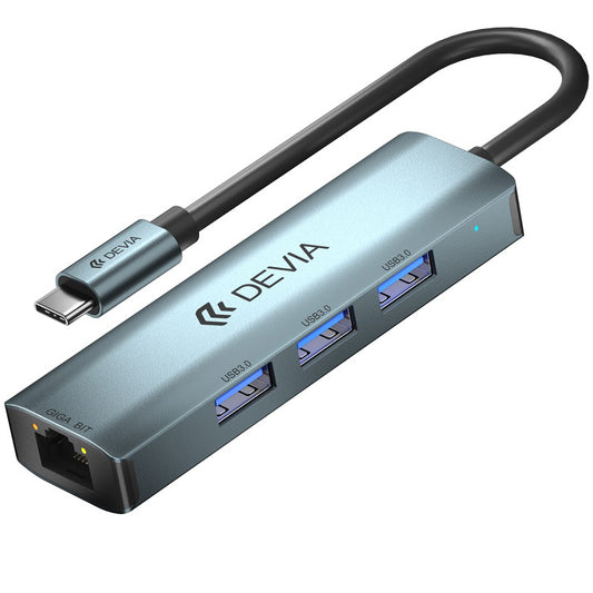 Hub USB-C DEVIA EC621, 3 x USB-A 3.0 - 1 x RJ45, Siv