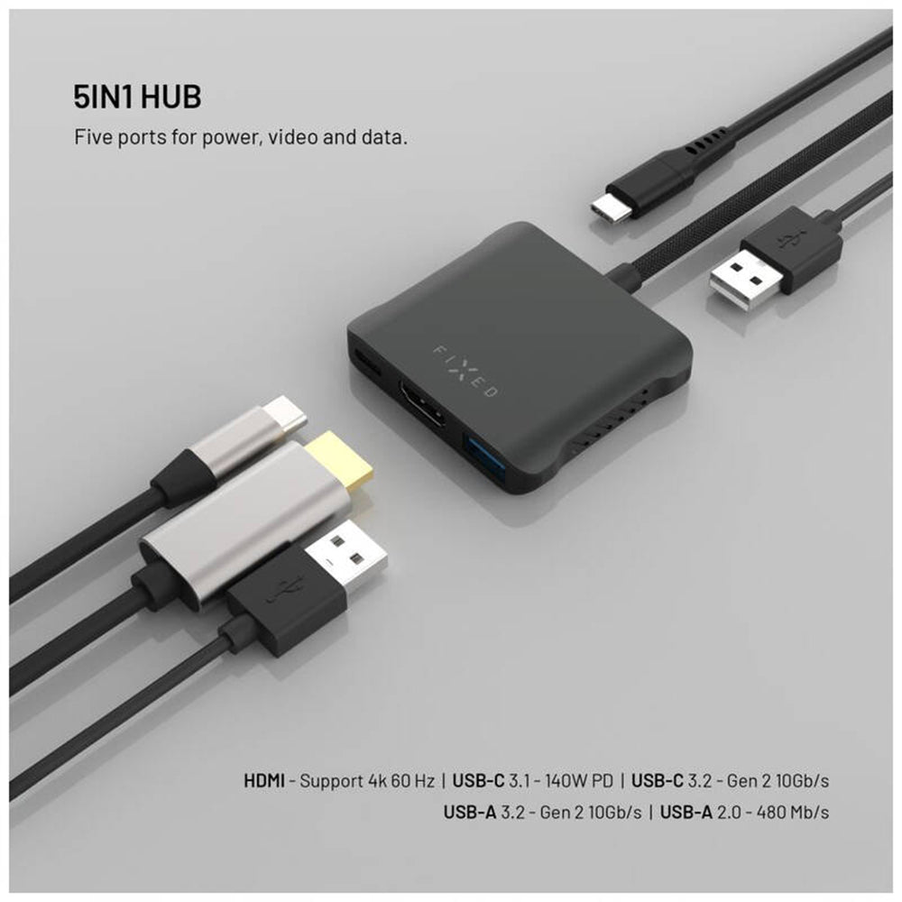 Hub USB-C Fixed Quadri, 5v1, Črn