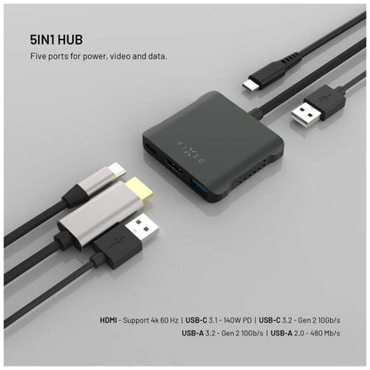 Hub USB-C Fixed Quadri, 5v1, Črn