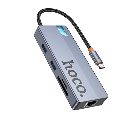 USB-C razdelilnik HOCO HB52, 2 x USB-A 3.0 - 2 x USB-C - 1 x HDMI - 1 x RJ45 - 1 x SD - 1 x microSD, Siva