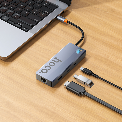 HOCO HB52 USB-C Hub, 2 x USB-A 3.0 - 2 x USB-C - 1 x HDMI - 1 x RJ45 - 1 x SD - 1 x microSD, Gray
