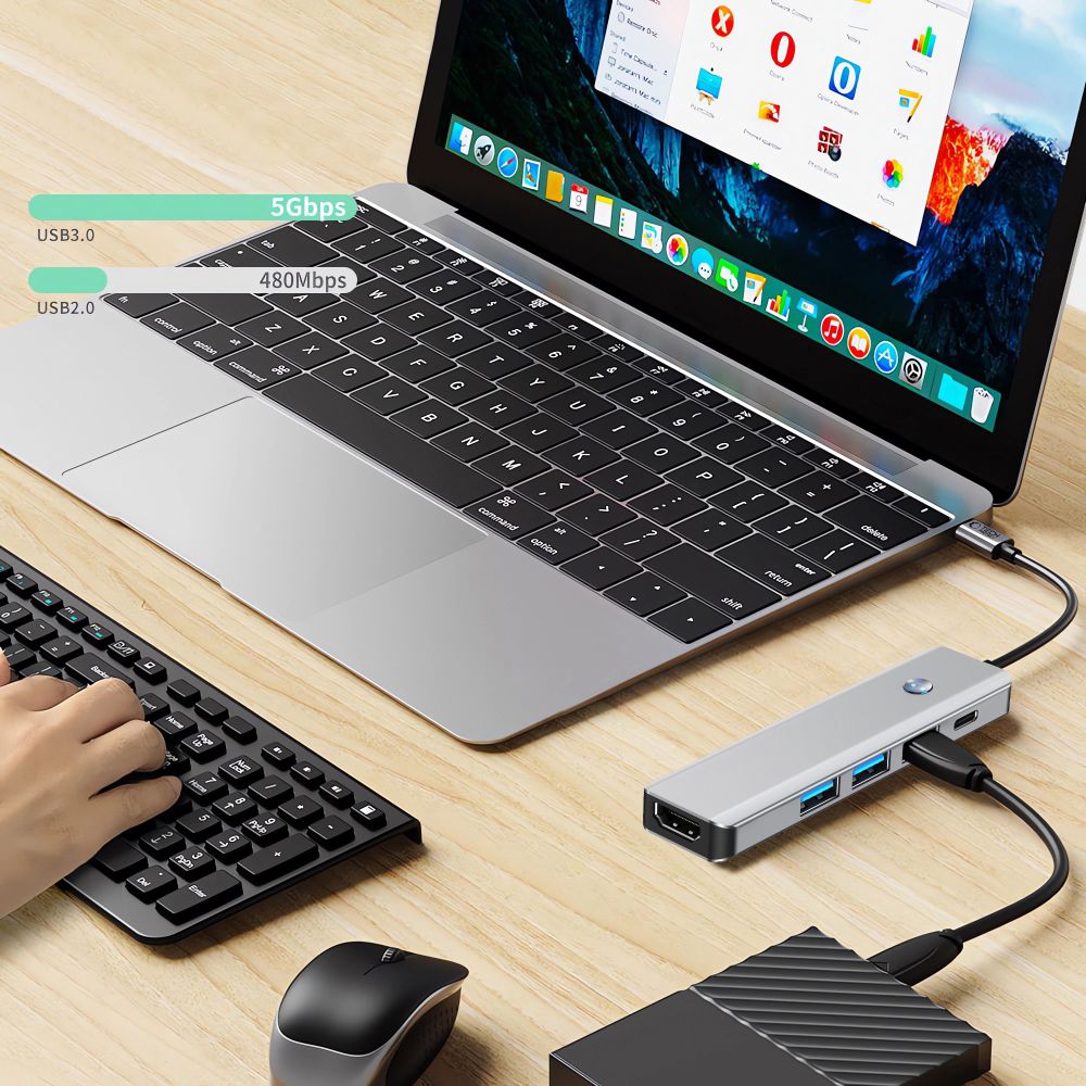 Hub USB-C Tech-Protect HB01, 1 x USB-A 3.0 - 2 x USB-A - 1 x USB-C - 1 x HDMI, Siv
