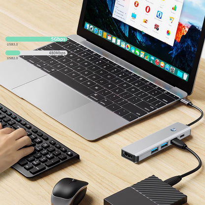 Hub USB-C Tech-Protect HB01, 1 x USB-A 3.0 - 2 x USB-A - 1 x USB-C - 1 x HDMI, Siv