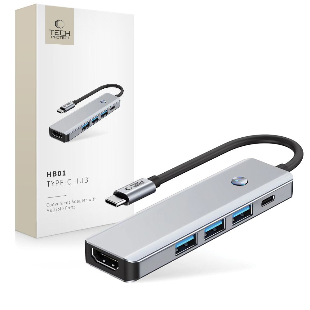 Hub USB-C Tech-Protect HB01, 1 x USB-A 3.0 - 2 x USB-A - 1 x USB-C - 1 x HDMI, Siv