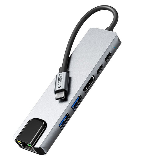 Hub USB-C Tech-Protect HB02, 1 x USB-A 3.0 - 1 x USB-A - 2 x USB-C - 1 x HDMI - 1 x RJ45, Siv