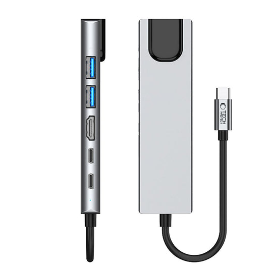 Hub USB-C Tech-Protect HB02, 1 x USB-A 3.0 - 1 x USB-A - 2 x USB-C - 1 x HDMI - 1 x RJ45, Siv