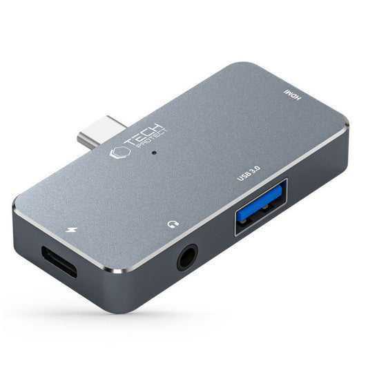 Vozlišče USB-C Tech-Protect V6, 1 x USB-A - 1 x USB-C - 1 x HDMI - 1 x Jack 3,5 mm, siva
