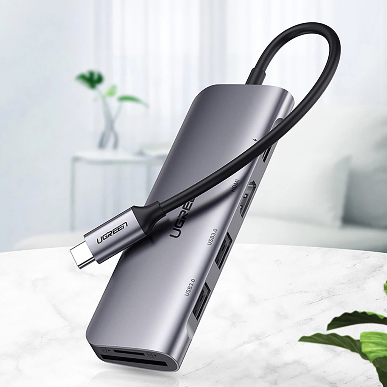 Hub USB-C UGREEN CM195 (15214), 2 x USB-A 3.0 - 1 x USB-C - 1 x HDMI - 1 x SD - 1 x microSD, Siv