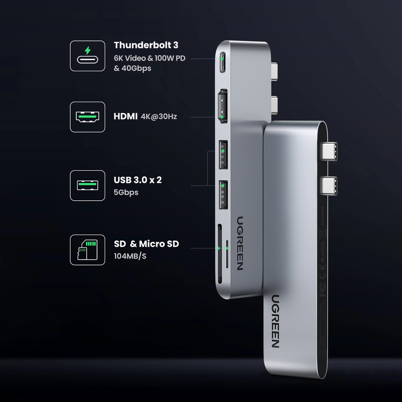 USB-C razdelilnik UGREEN CM380 (80856) za Apple MacBook Pro / Air serijo, 2 x USB-A 3.0 - 1 x USB-C - 1 x HDMI - 1 x SD - 1 x microSD