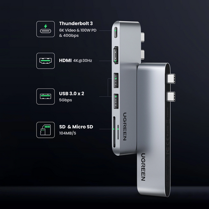 USB-C razdelilnik UGREEN CM380 (80856) za Apple MacBook Pro / Air serijo, 2 x USB-A 3.0 - 1 x USB-C - 1 x HDMI - 1 x SD - 1 x microSD