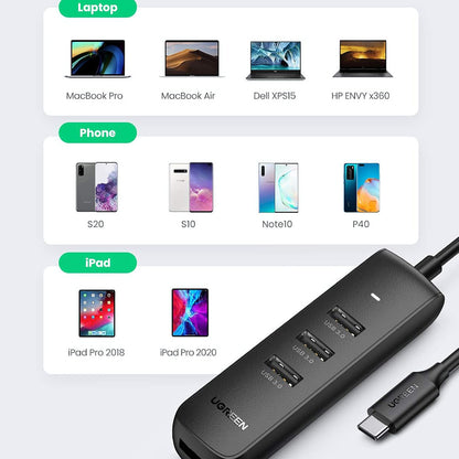 USB-C razdelilnik UGREEN CM416 (10916), 4 x USB-A 3.0, Črn